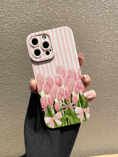 1pc Fresh Pink Striped Pink Tulip Floral Bow Design Waterproof Shockproof Non-Slip Solid Color Angel Eye Phone Case, Suitable For Apple Phones, Ideal Gift For Friends, Family, Couples, Birthday, Holidays