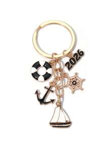 1个卡通帆船、救生圈、船舵、锚形合金钥匙扣，创意航海冒险时尚钥匙圈、包包挂饰、汽车钥匙链 - 彩色 - 查看 8