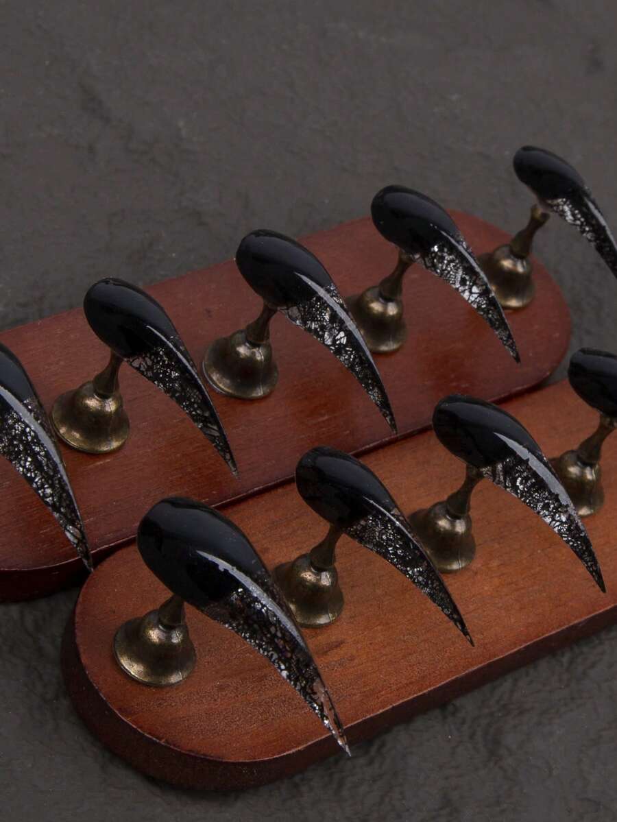 Dark Aesthetic Nails,10Pcs Handmade Gothic Dark Extra Long Dragon Claw Press On Nails,Black Lace Transparent Design Y2K Stiletto Fake Nails,Thickened Reusable False Nails For Party & Club - Black - View 1