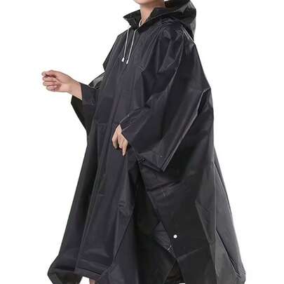 1pc High-Quality Black EVA Hiking Raincoat, Unisex Multipurpose Transparent Raincoat With Hood, Lightweight Backpack-Style Raincoat, Camping And Hiking Poncho, Solid Color, 7/8 Sleeve Length, Button Closure, Suitable For Hiking, Camping, Emergency Use, Men And Women