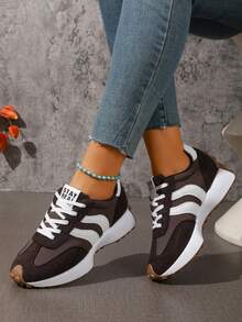 Women's Casual Lace-Up Patchwork Athletic Sneakers - Brown - View 6