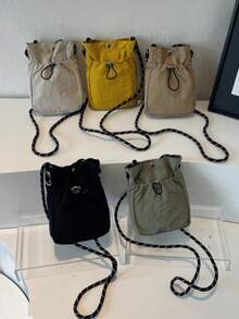 男士抽绳水桶斜挎包，尼龙迷你单肩包，编织肩带，休闲简约日常单肩包 - 彩色 - 查看 6