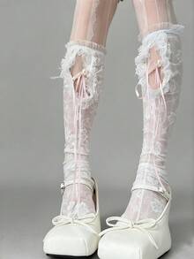 1 Pair Spring/Summer Lace Mid-Calf Socks, Ins Hollow Pearl Net Stockings, Japanese Style Leg Warmers/Knee-High Socks With Ribbon Bow, Lace Pearl Bowknot Ballerina Lolita Slimming Leg Warmers - Multicolor - View 10