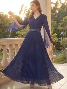 Elegant Women's Long Sleeve V-Neck Long Pleated Dress With Belted Detail, Flared Hem Woven Fabric Gown - Royal Blue - View 5