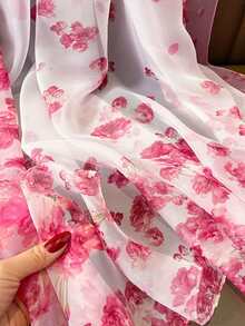 1 pieza Bufanda de gasa para mujer, chal ligero y versátil para primavera y otoño, bufanda artística de protección solar para viajes y calentador de cuello - Rosa blanca roja - Ver 4