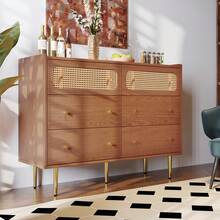 Chest Of Drawers With 6 Drawers, Rattan Sideboard/Highboard For Bedrooms And All Living Areas, Walnut - H90/W120/D40 Cm - Khaki - View 7
