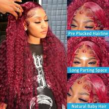 Perruques Lace Front Wigs Deep Wave 99J Bordeaux 13x6, cheveux humains, HD 13x6, densité 200 %, cheveux brésiliens vierges, pré-épilés avec cheveux de bébé. - 99j - Voir 6