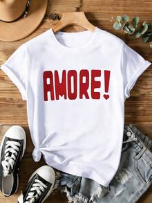 "AMORE!" Maglietta con stampa di citazioni d'amore per donna – Maglietta estiva, romantica e rilassata a maniche corte e girocollo per coppie - Bianco - Visualizzare 2