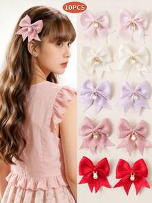 10个可爱珍珠蝴蝶结发夹，不伤发鸭嘴夹刘海发夹，温柔少女风发饰 - 彩色 - 查看 1