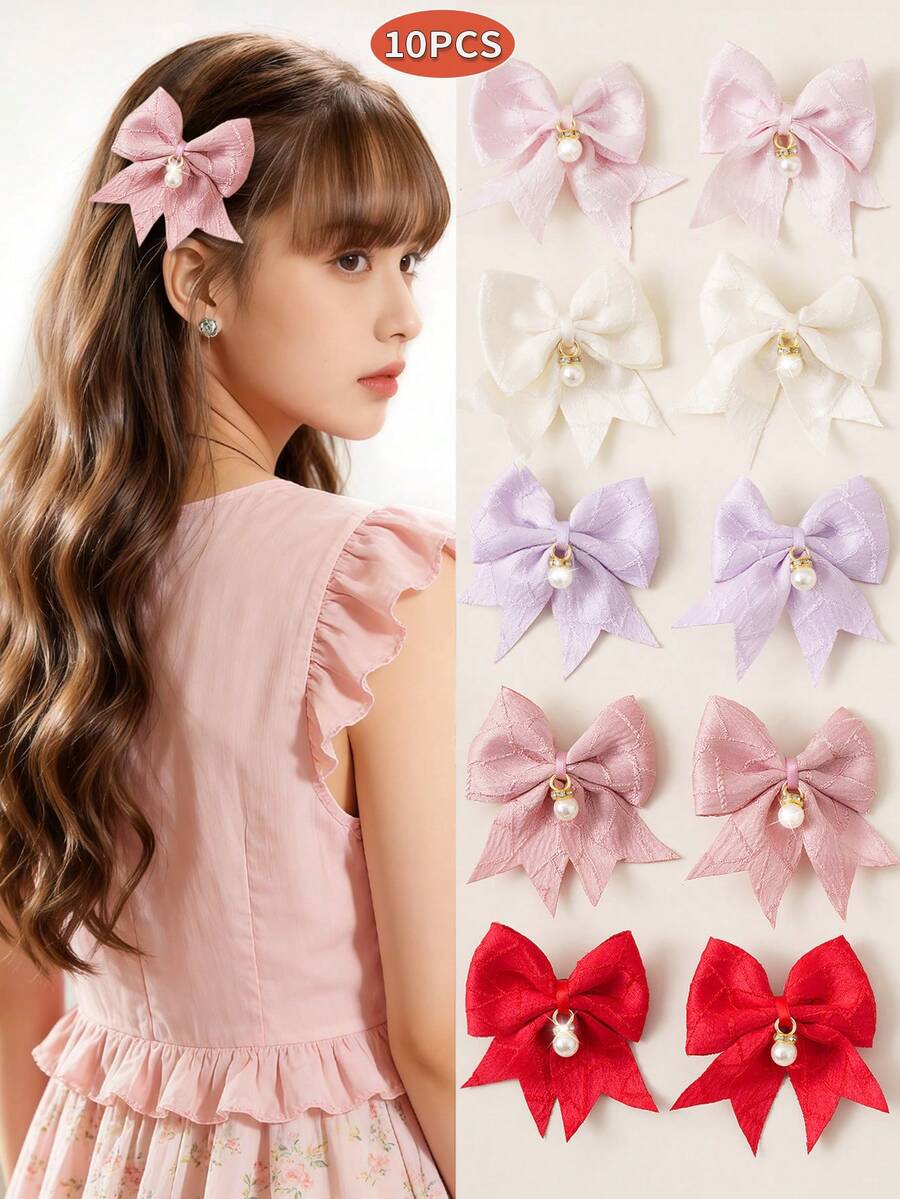 10个可爱珍珠蝴蝶结发夹，不伤发鸭嘴夹刘海发夹，温柔少女风发饰 - 彩色 - 查看 1