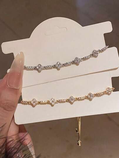 An Elegant Zirconia Diamond Flower Adjustable Bracelet, Delicate Korean Design, Versatile For Commuting