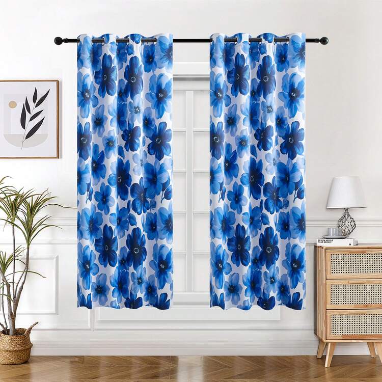 1 pezzo/2 pezzi Tenda floreale creativa, tenda oscurante con stampa floreale, oscuramento della stanza e protezione della privacy, tenda 100% oscurante, tenda decorativa per soggiorno, camera da letto, stile country, tenda blu - Blu - Visualizzare 16
