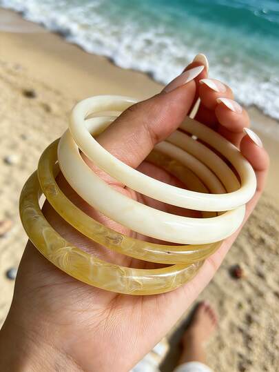 4pcs Vintage Casual Green Acrylic Bangle Bracelet Set, Fashionable Tube Design Suitable For Daily Wear, Women Jewelry, Acrylic Material, No Inlay, Suitable For Daily, Party And Beach Occasions