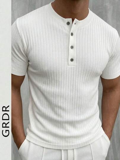 GRDR Suéter de Malha de Manga Curta com Gola Henley Sólida e Canelada, Adequado para Passeios de Verão, Essencial para Estilo da Moda