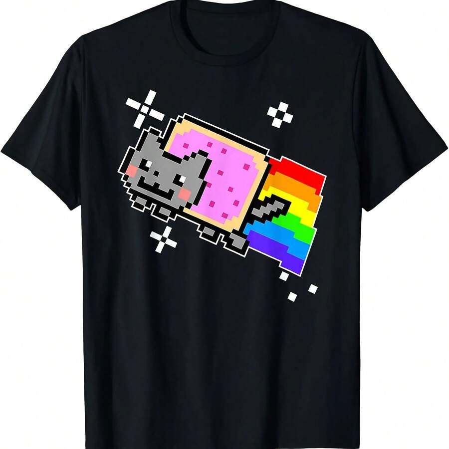 Funny Meme Creative Top Hip Hop Y2K Vintage Print Short Sleeve Nyans Cat With Rainbow T-Shirt Casual Loose Street Wear Unisex - 款式 - 查看 1