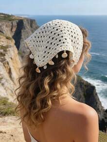 1件时尚波西米亚风镂空钩编头巾，优雅透气防晒围巾，带贝壳吊坠，女士夏季发饰，沙滩发带，度假头巾，女士头巾 - 彩色 - 查看 2