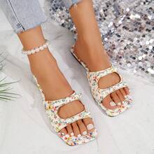 Women's French Style Bowknot Decor Sandals, Fashion Versatile Hollow Out Retro Low Chunky Heel 2.3cm Mules Slippers For Summer - White Floral Print - View 4