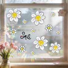 1/2pcs Colorful Floral Electrostatic Window Cling. Smiling Flowers And A "Smile" Sign Design. Removable And Waterproof PVC. Suitable For Home Decoration In Living Rooms, Bedrooms, And Bathrooms. - Multicolor - View 3