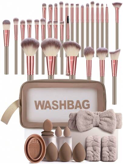 43PCS Makeup Tools Set Including:30PCS Makeup Brush Set+1pc Multi-Functional Zipper Toiletry And Cosmetic Bag Waterproof+1pc Hairband+2PCS Hand Bowl Strap+3PCS Makeup Sponges+2PCS Mini Makeup Sponges+3PCS Mini Air Cushion Powder Puffs+1pc Makeup Brush Cleaning Tools,All-In-One & Beginner-Friendly | Travel-Ready & Gift-Ready | Perfect For Newbies/Her