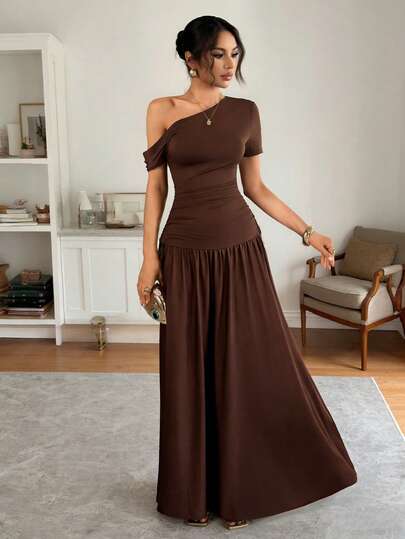 Women's New A-Line Fitted-Waist Dress – Asymmetrical Neckline, Ruffled Hem, Slimming & Elegant, Perfect For Spring/Autumn Vacations & Casual Occasions Casual Dresses For Women