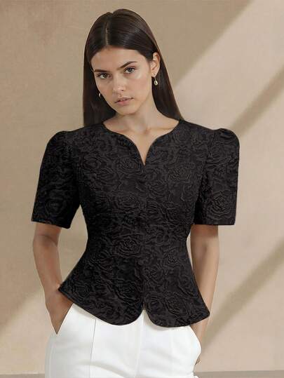 Aimileehuo 荷叶边现代菲律宾风情上衣，蝴蝶袖短款外套，荷叶边菲律宾风情优雅女士泡泡袖上衣，黑色上衣