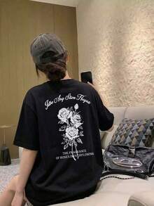 女士圆领宽松休闲字母玫瑰花印花短袖T恤，春夏款，黑色 - 黑色 - 查看 2