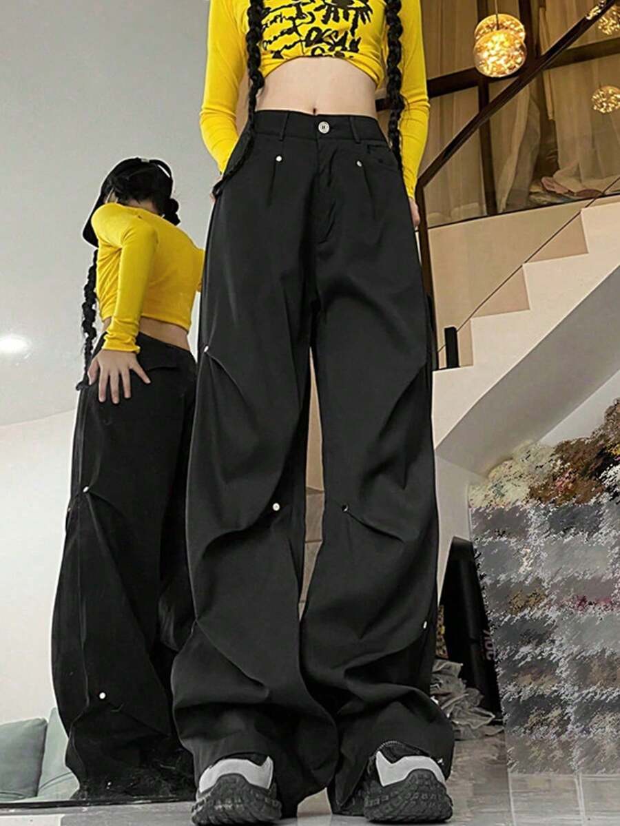 女士橙色纹理针织V领宽松长袖毛衣上衣 - 黑色 - 查看 1