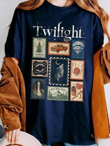 Vintage Twilight Movie Women T-Shirt, Retro Vampire And Wolves Graphic Tee, Y2K Oversized Classic 2000s Film Aesthetic Apparel, GothicHorror Romance - 藏蓝色 - 查看 2