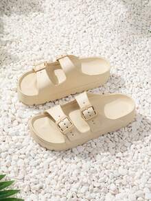 New Fashionable Women Thick Sole Slide Sandals, Non-Slip Soft Strap Outdoor Wear Durable Shock-Absorbing Comfortable Sandals - Beige - View 4