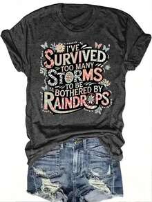 Motivational Quote With Floral & Butterfly Accents Patterned Print Casual Short Sleeve Top Printed T-Shirt Pattern Text Women's Top - 1-1 - View 5
