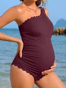 孕妇连体式单肩荷叶边泳衣，采用高弹针织面料，优雅休闲女式泳装 - 酒紅色 - 查看 3