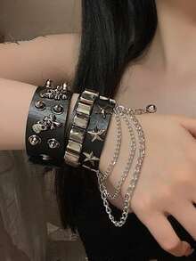 2 件套 - 摇滚骷髅铆钉皮手链套装（男女皆宜），哥特式嘻哈街头服饰配饰，非常适合在参加派对、音乐会和舞蹈活动时作为珠宝佩戴。 - 黑色 - 查看 3