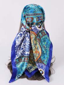 1pc 90cm Fashionable Printed Scarf, Faux Silk Neckerchief, Versatile Headband, Gift - Multicolor - View 3