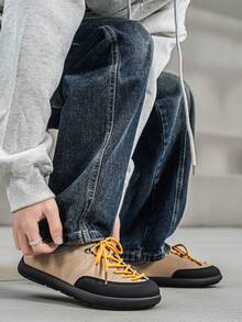 【新品】男士春夏时尚休闲一脚蹬乐福鞋，撞色平底系带装饰，青少年休闲鞋，大码47.5码 - 卡其色 - 查看 11