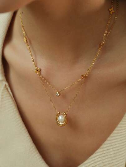 TONSI 1 Set de collar de acero inoxidable chapado en oro de 18K con colgante de flor de la suerte y perla con circonita, collar de capas, adecuado para uso diario, viajes, uso en fiestas, regalo para amante, amigo, colega, Día de la Madre