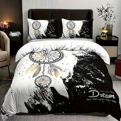 Bộ ga trải giường họa tiết Dreamcatcher phong cách Boho 2/3 món (1 vỏ chăn + 1/2 vỏ gối không kèm ruột gối) Bộ ga trải giường họa tiết Dreamcatcher đen trắng sang trọng, mềm mại, ấm áp và thoải mái cho phòng ngủ, phòng khách, ký túc xá.