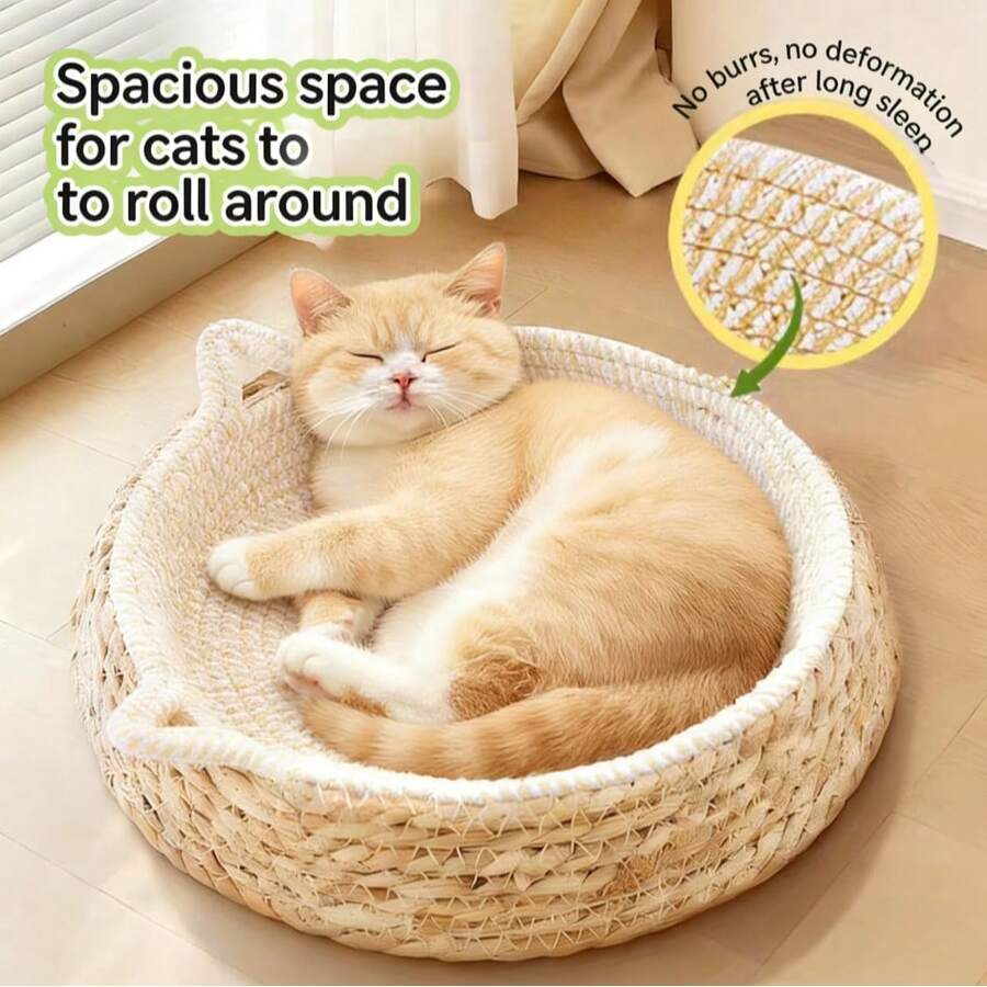 1 pieza Cama rascador de gato de ratán 2 en 1, cama para mascotas tejida a mano con cuerda de algodón y junco, nido de gato transpirable y refrescante para el verano, sofá para gatos resistente a arañazos, compatible con cojín suave y almohadilla de hielo, sofá para mascotas para todas las estaciones para gatos y perros pequeños, ideal para hogares con varias mascotas