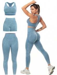 3 Piece Workout Sets For Women Butt Lifting Leggings With High Impact Sports Bra Gym Shorts - 紫色 - 查看 1
