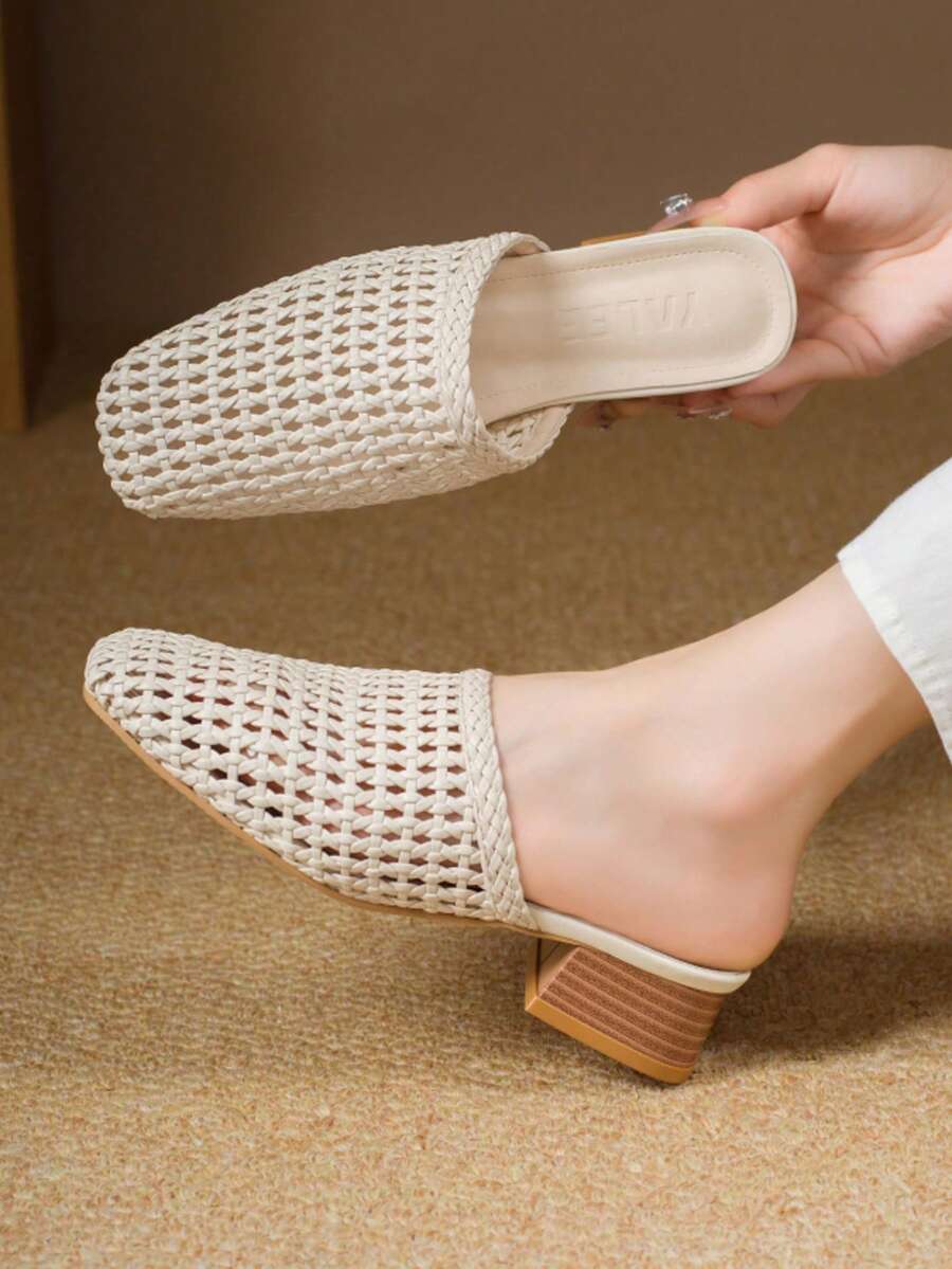 Giày sandal nữ mũi vuông dệt kim, giày cao gót trắng thanh lịch, giày bít mũi đế dày kiểu Bohemian khoét rỗng dự tiệc ngoài trời, giày gót chunky, giày mùa hè - Màu be - Xem 1