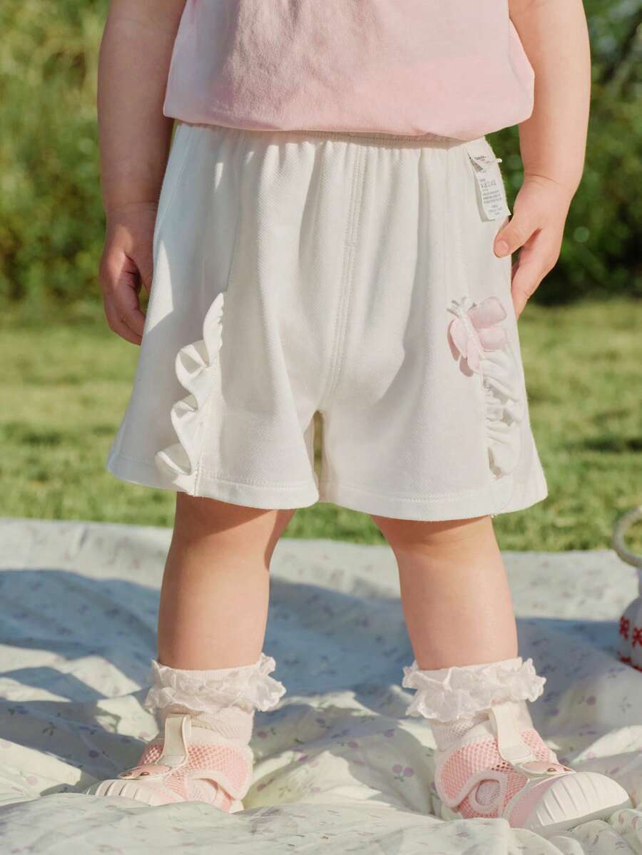Balabala Pantalones cortos de verano cómodos para bebé niña con volantes, aplicación de mariposa y cintura elástica - Blanquecino - Ver 1