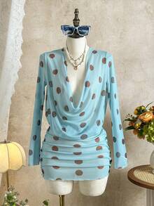 女士新款春夏泳衣罩衫，优雅性感复古黄色波点印花高领长袖网纱连衣裙，女士沙滩装，Y2K泳装，适合海滩度假、节日、派对、情人节、狂欢节等场合。 - 青碧色 - 查看 2