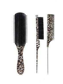 WANMEI 3件套豹纹梳子套装，防静电宽齿梳，尖尾卷发造型工具，按摩梳，九排梳齿纹理，美发造型梳，蓬松梳，柔顺秀发礼品 - 彩色 - 查看 1