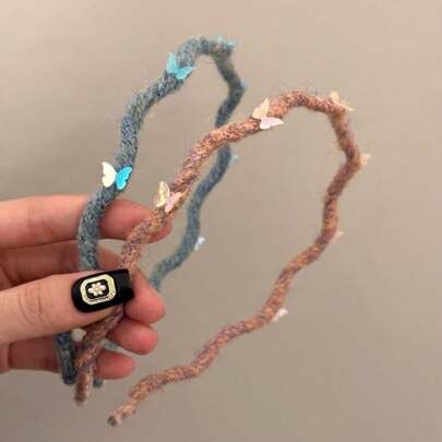 Korean Handmade Sequin Princess Style Butterfly French Knitted Wave Headband, Elegant Forest Fairy Aesthetic, Niche Hair Hoop, Cute Sweet Style, Women Hair Accessories, Suitable For New Year, Valentine's Day
