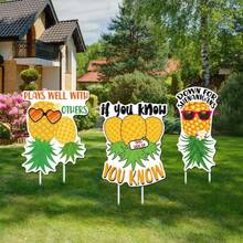 3pcs Outdoor Pineapple Courtyard Sign With Tropical Pineapple Decorations; Outdoor Summer Party Courtyard Sign With Base - Pineapple - View 1