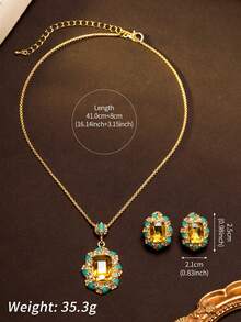 Mid-Century Vintage Exquisite And Gorgeous Yellow Geometric Rhinestone Inlaid With Blue-Green Enamel Fashion Flower Pendant Necklace And Earrings, Suitable For Women's Daily Wear, Parties, Banquets, Festival Accessories, A Gift For Ladies - Necklace - View 2