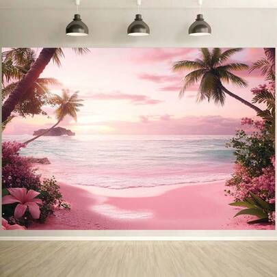 1 Tropical Beach Scene Background, Pink Sunset Hawaiian Beach Wedding Background, 100% Polyester Fiber, Coastal Style, No Need For Electricity, Suitable For Indoor/Outdoor Decoration, Universal Holiday And Party Photography Props, Tropical Seaside Photography Banner, Suitable For Engagement And Ceremony, Multifunctional Polyester Decoration, Size Optional
