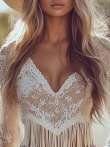 Women's Elegant Sheer Solid Color Lace Fringe Hollow-Out Long Sleeve Tee – Bohemian Vacation Slim Fit Top, Versatile For Daily & Holiday Outfits - 白色 - 查看 6