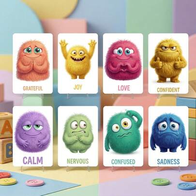 36pcs Emotional Management & Social Skills Cards, Emotional Cognition Regulation Exercise, Social Interaction Ability Training Tool, Rainbow Monster Illustrations