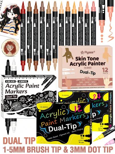 12/24pcs Vivid Color & 12pcs Skin Tone & 12pcs Black And White Double-Ended Acrylic Markers, 1-5mm Flexible Tip And 3mm Chisel Tip To Meet Different Painting Needs, Vibrant Colors, Smooth Flow, Rich Coverage, Waterproof, Suitable For Wood, Glass, Canvas, Balloons, Stones, Hats, Phone Cases, Graffiti, Back To School Student Gift Essential