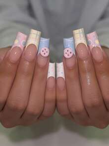 24pcs Y2K Colorful Polka Dot, Striped, Plaid, Circle Glossy Nude Elegant & Cool Designed Press-On Nails, Fashionable & Versatile For Dates, Parties, Spring/Summer, Autumn/Winter Daily Wear, Includes Jelly Gel And File, Easy To Apply And Durable, Random Jelly Gel Color - Multicolor - View 5